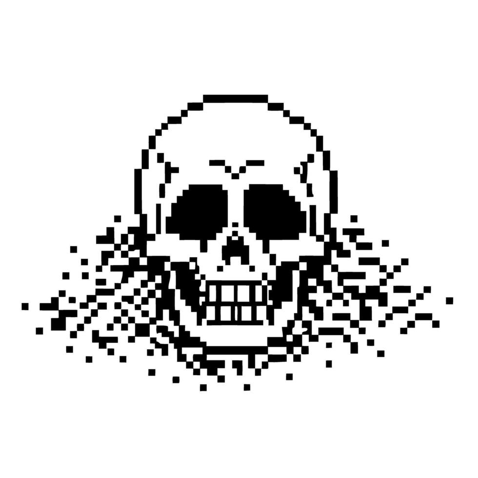 pixel art skull illustration retro digital skeleton design monochrome pixelated for gaming and art vector