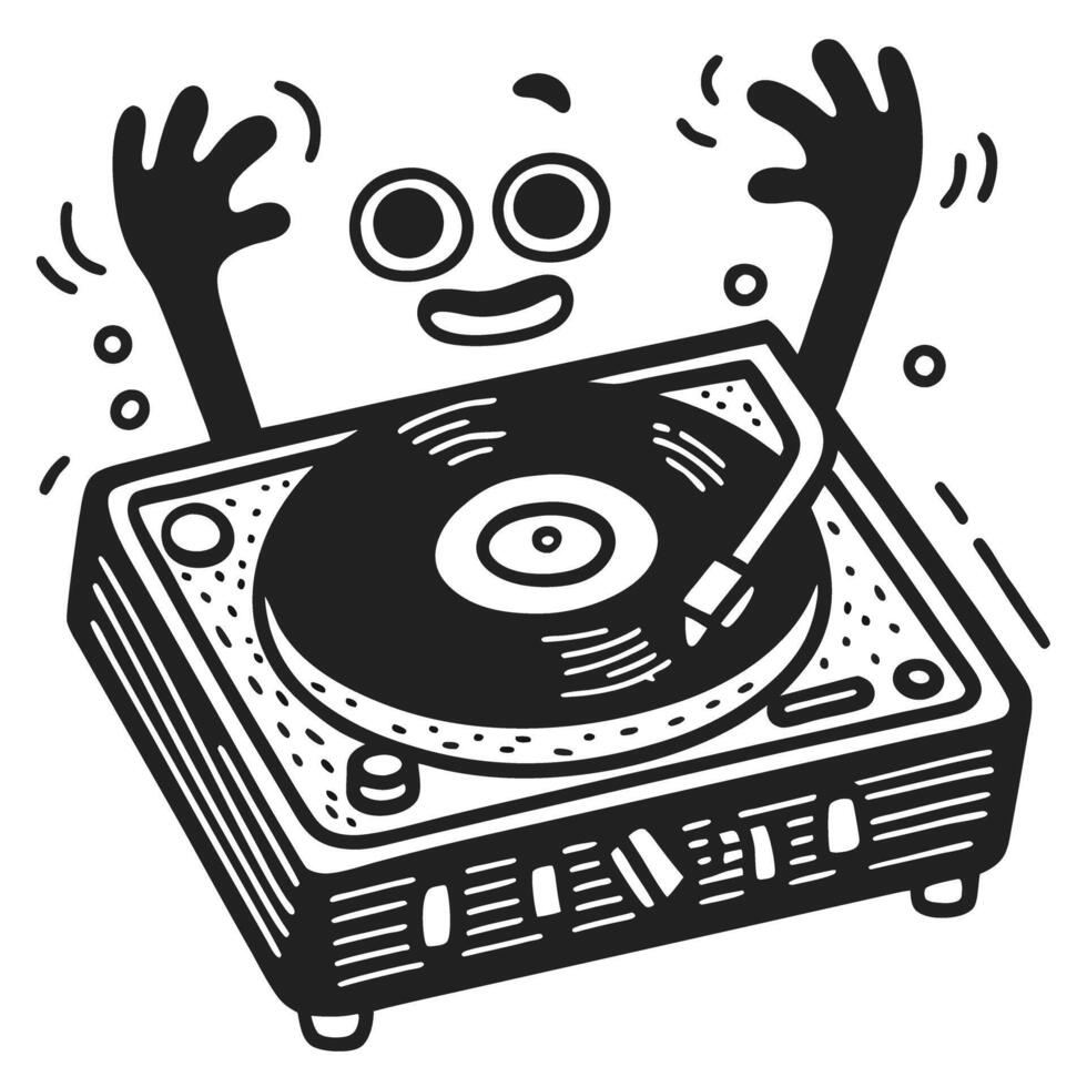 dj turntable with playful arms and face fun music concept, black and white doodle illustration vector