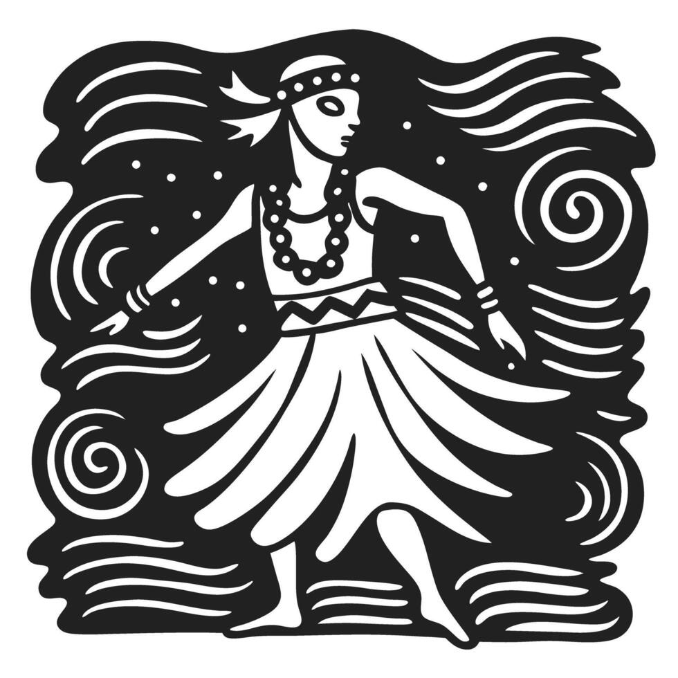 graceful hula dancer in traditional attire with swirling patterns, black and white art vector