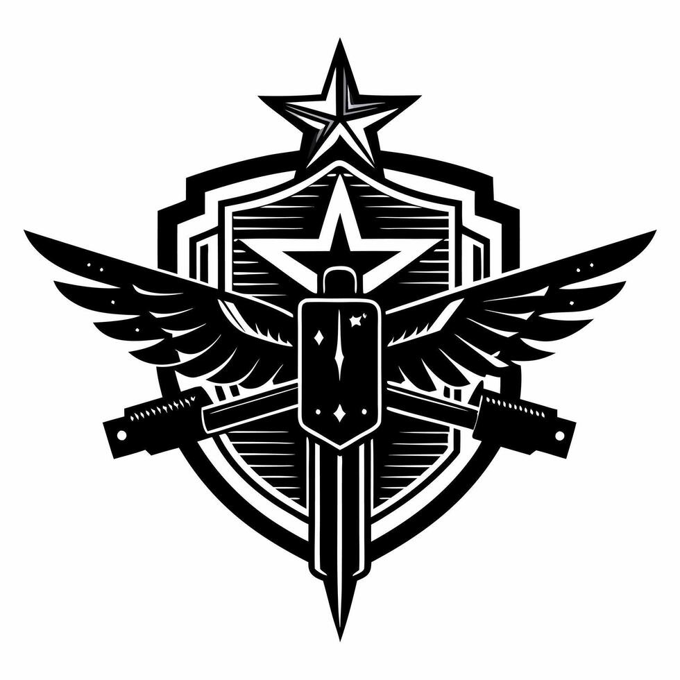 Winged guitar emblem with star and shield design in black and white vector