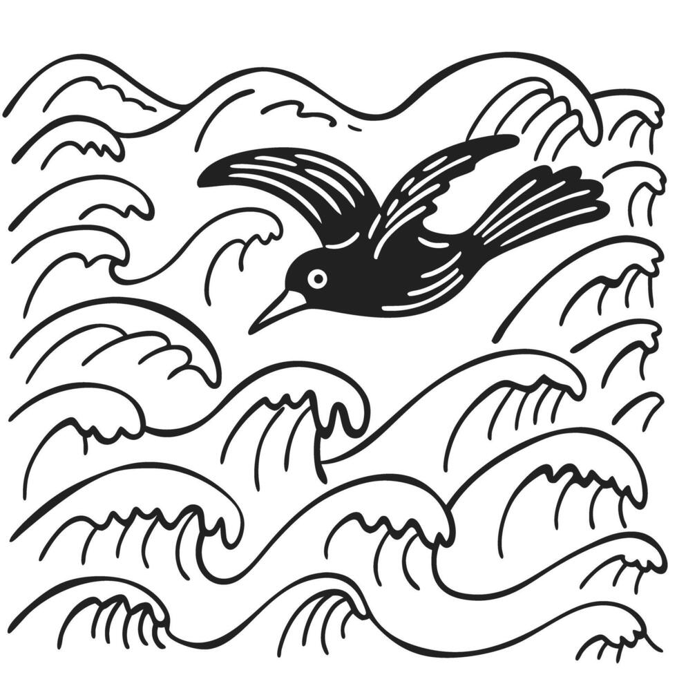 Black bird flying over ocean waves in minimalist line art vector