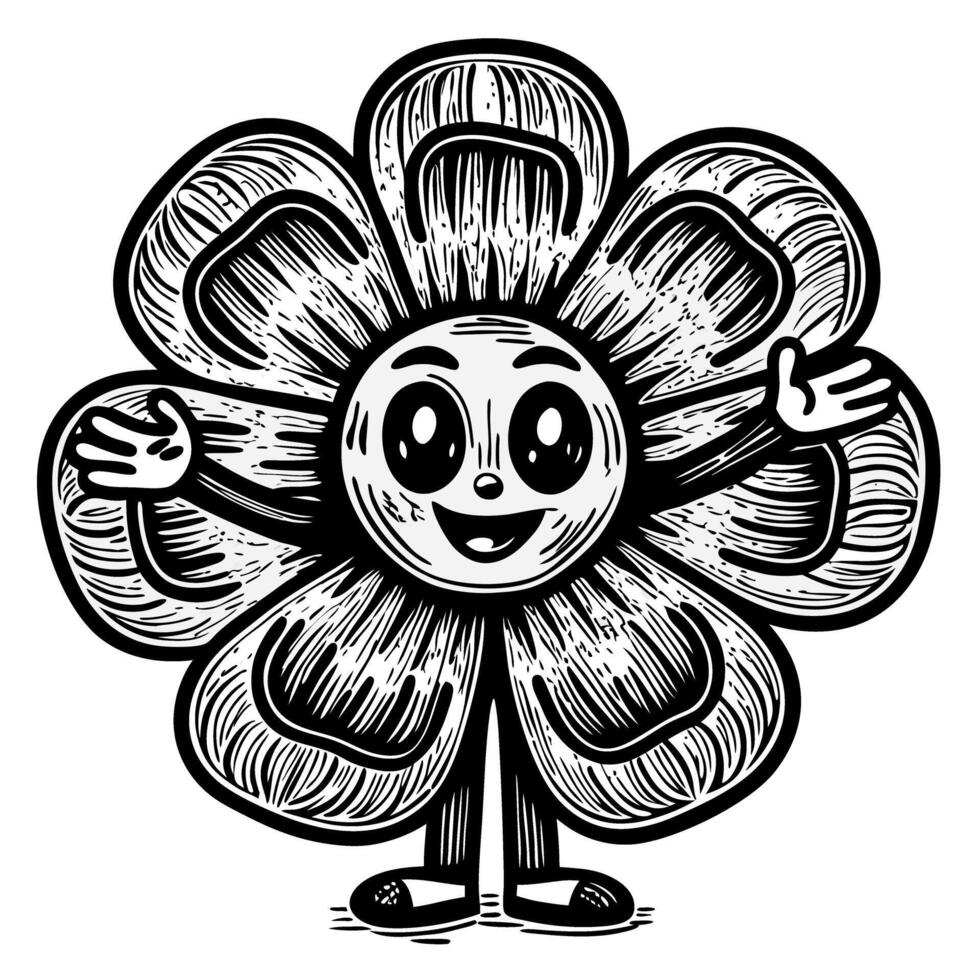 Smiling flower, cheerful petal character, monochrome floral art, happy nature design vector