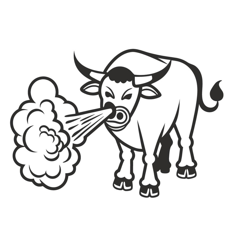 charging bull illustration with smoke emission, black and white vector