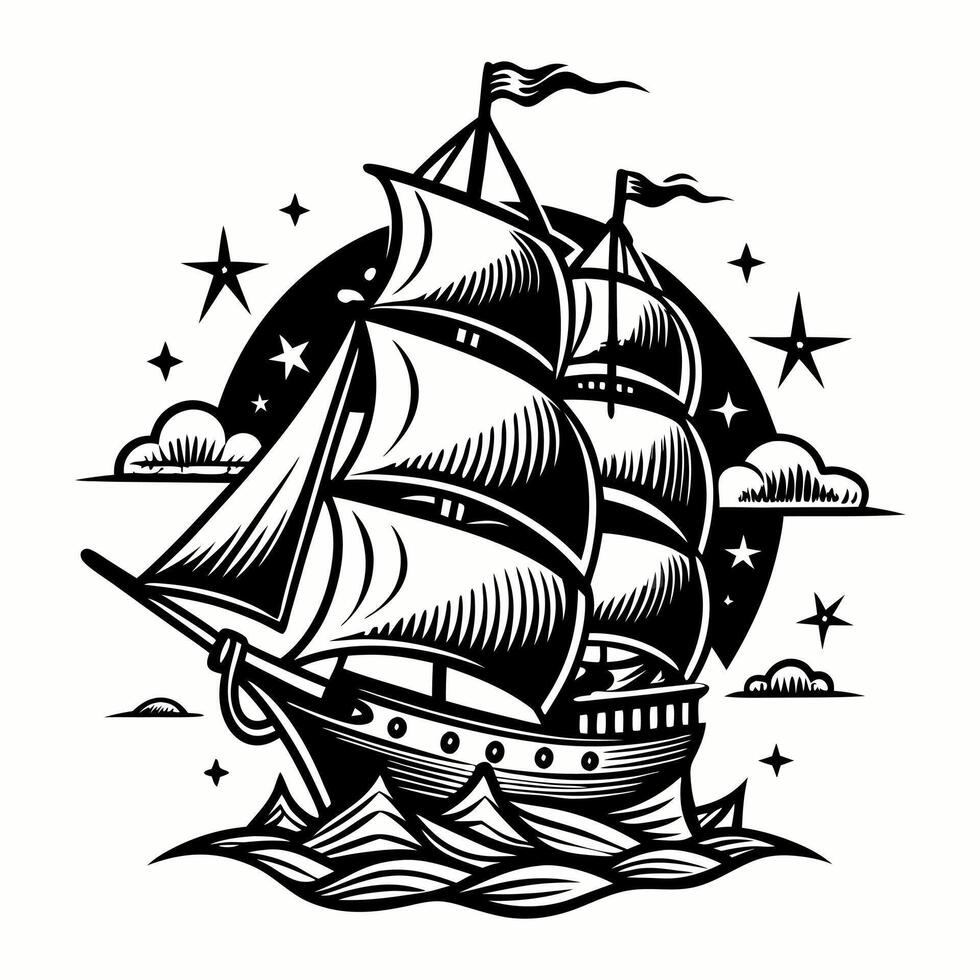 Vintage sailing ship under starry night sky with waves and clouds vector