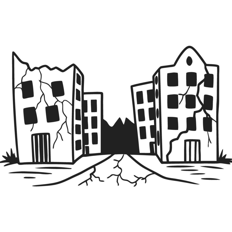 earthquake impact on urban buildings cracked structures, damaged cityscape, black and white illustration vector