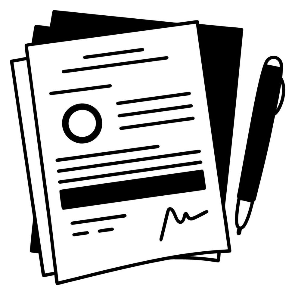 document icon with pen black and white contract illustration, agreement paperwork, signature symbol vector