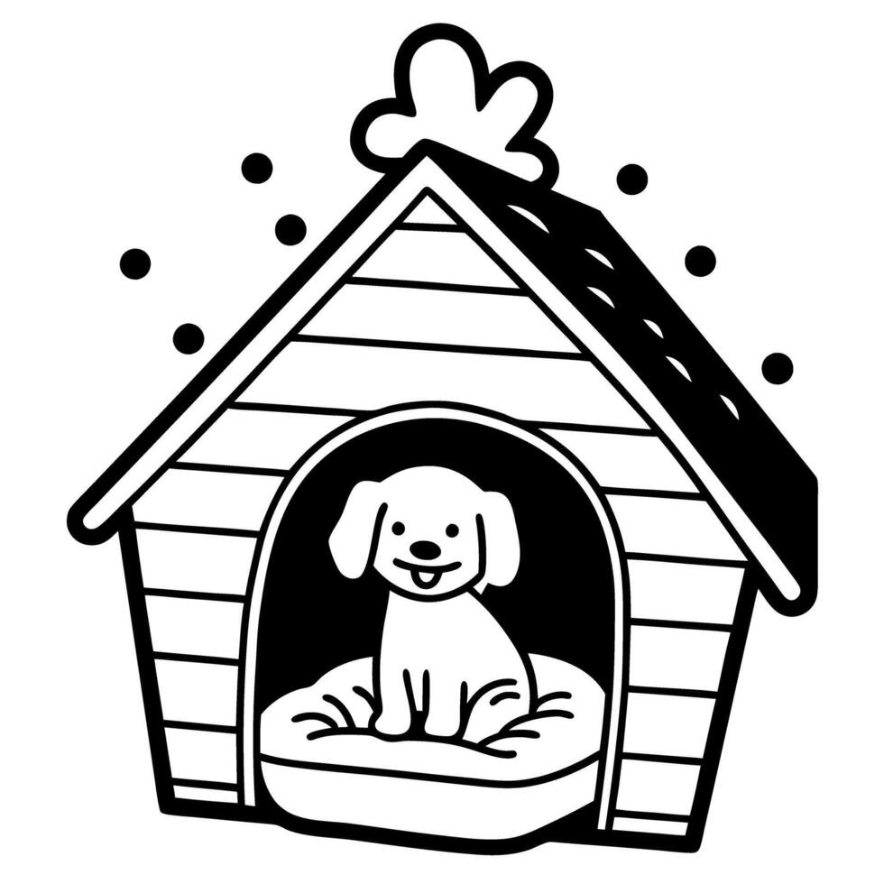 Happy dog sitting in cozy doghouse with comfy cushion, simple black and white illustration vector