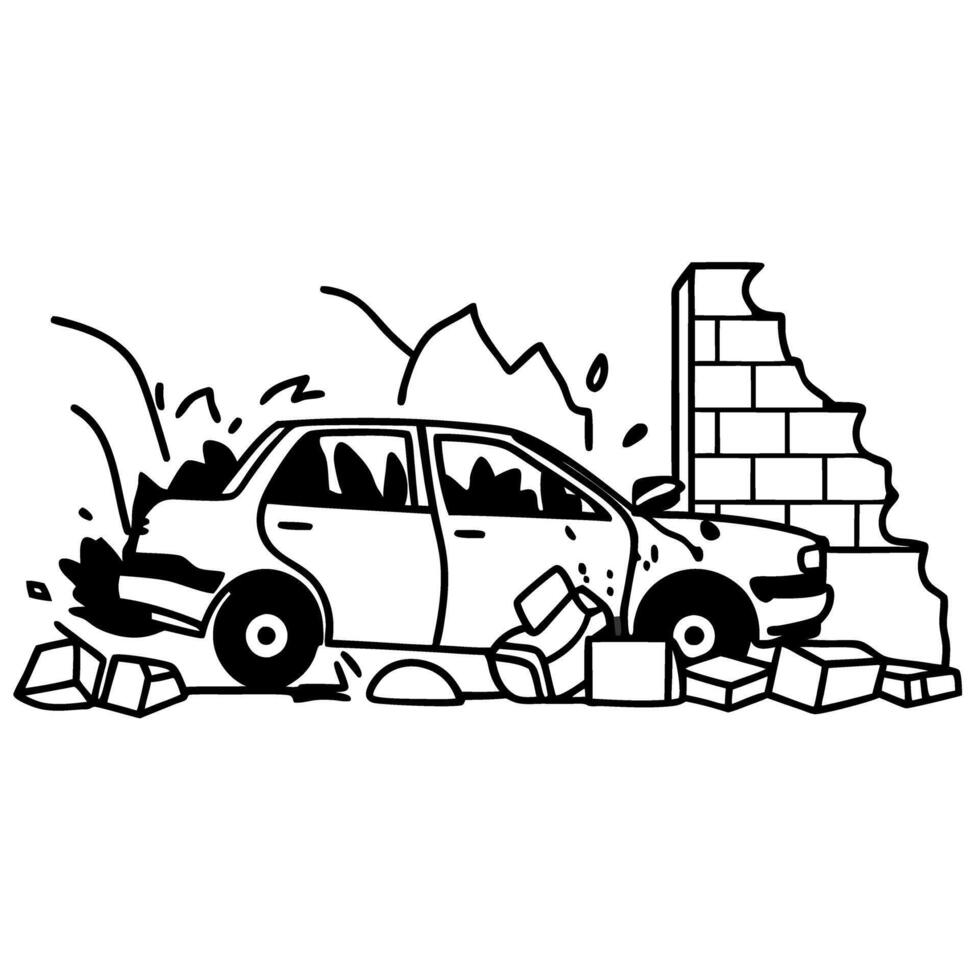 Car crashing into a brick wall vehicle impact, destruction, safety accident illustration vector