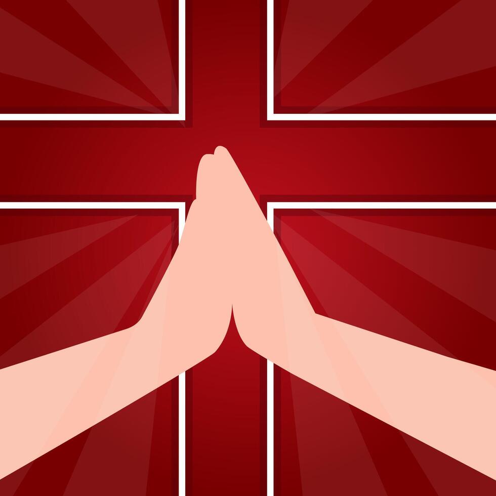 Hands in prayer against the background of the cross to Pentecost on a dark red background vector