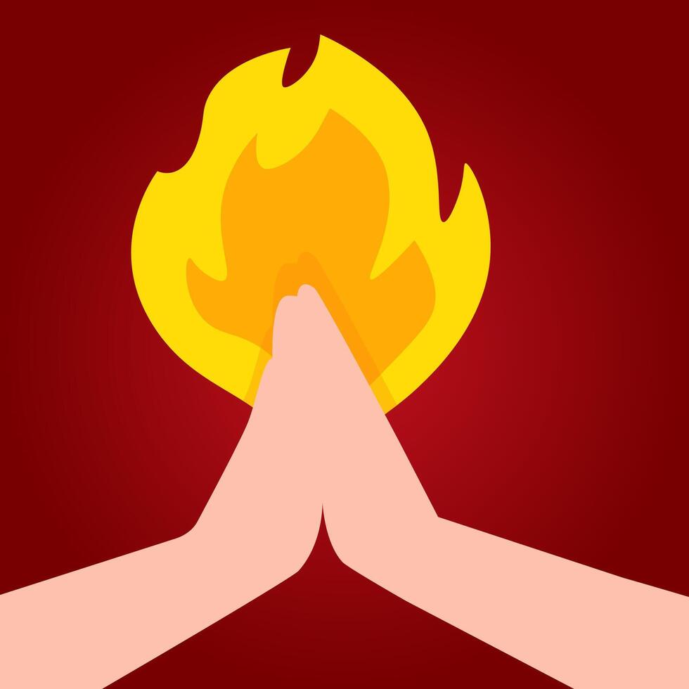Hands in prayer against a background of fire to the pentecost on a dark red background vector