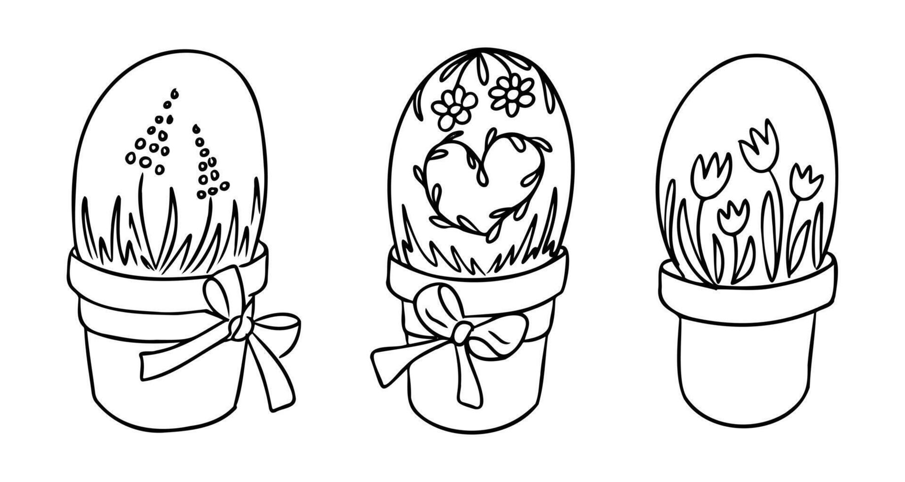 Set of hand drawn Easter eggs in flower pots with spring floral decorations and ribbon bows. Holiday and spring celebration concept with festive symbols of Easter and seasonal growth vector