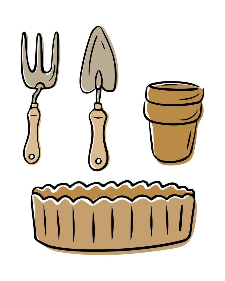 Hand drawn garden tools set with shovel, fork, flower pots and tray in sketchy style. Concept of gardening, planting and spring outdoor hobby essentials vector