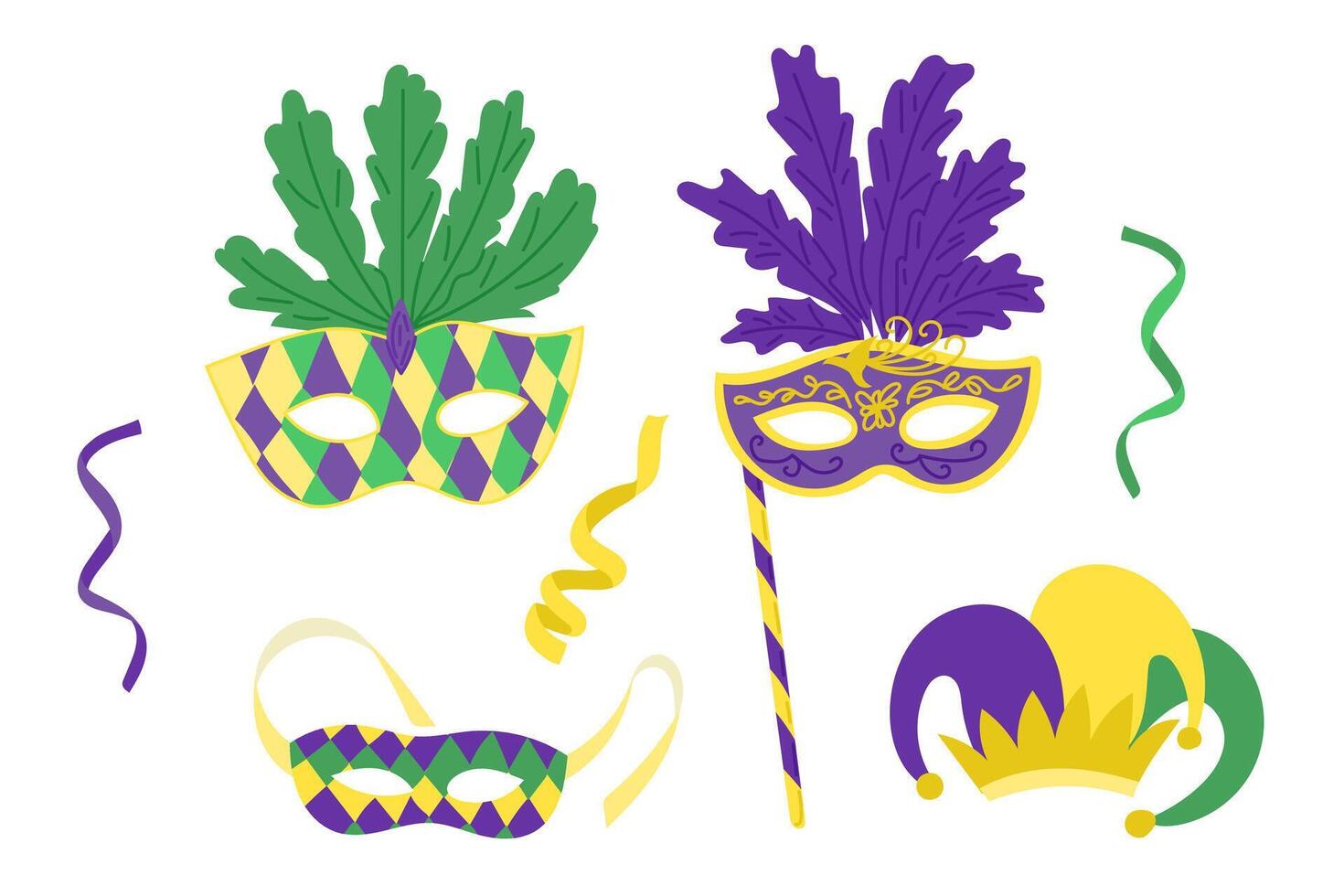 Colorful Mardi Gras masks and jester hat with traditional green, purple and yellow elements, isolated on white background. Celebration and carnival concept with accessories and party decorations vector