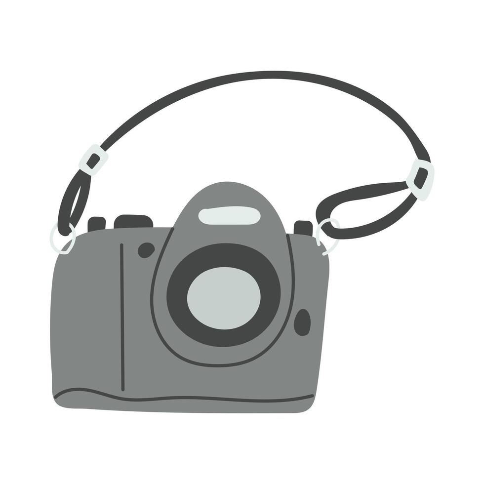 Hand drawn illustration of a camera with a shoulder strap, isolated on white background. Travel and photography concept representing exploration and capturing memories vector