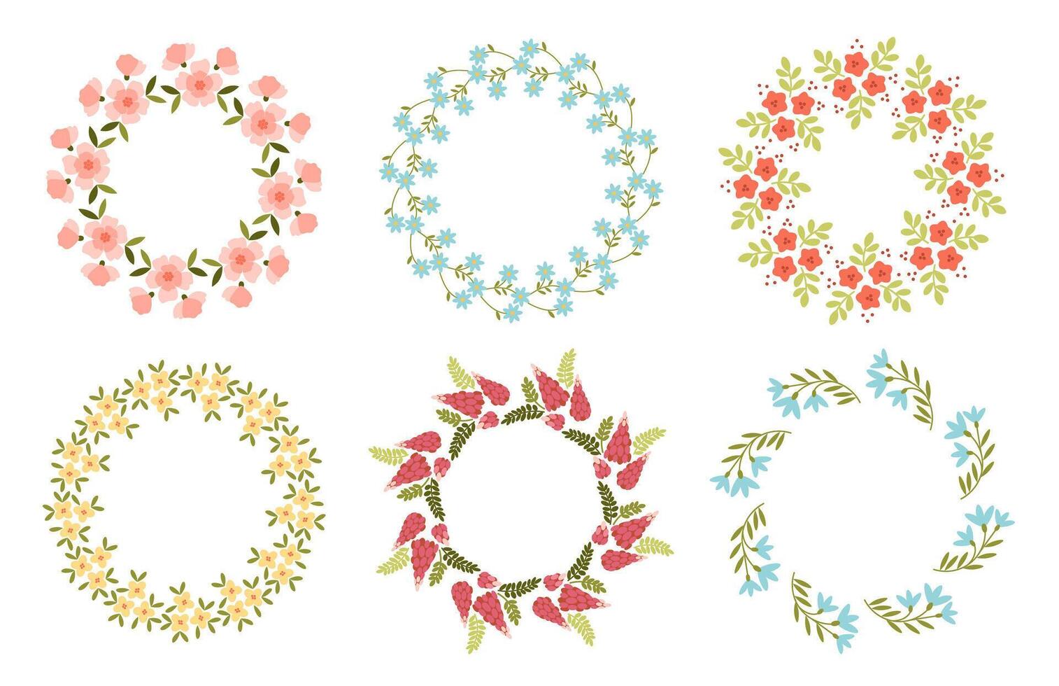 Collection of floral wreaths with various wildflowers. Set of round frames made of branches with flower blossoms and green leaves. Elegant spring design elements. Flat isolated illustration. vector