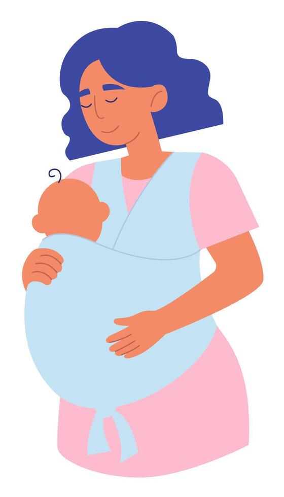 Mother Holds Sleeping Newborn in Baby Sling Wrap. vector