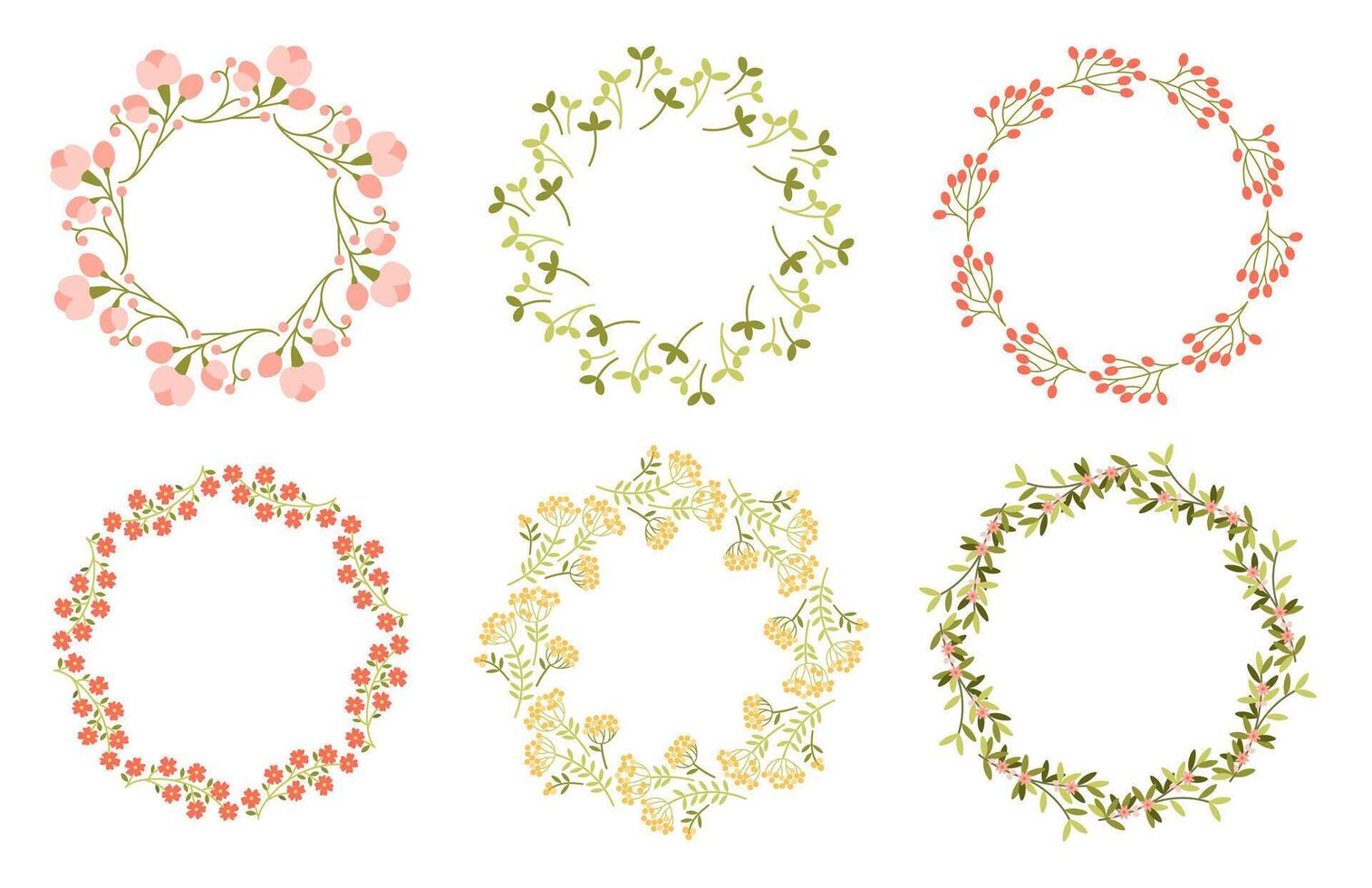 Set of Minimalist Flower Wreaths with Wildflowers. vector
