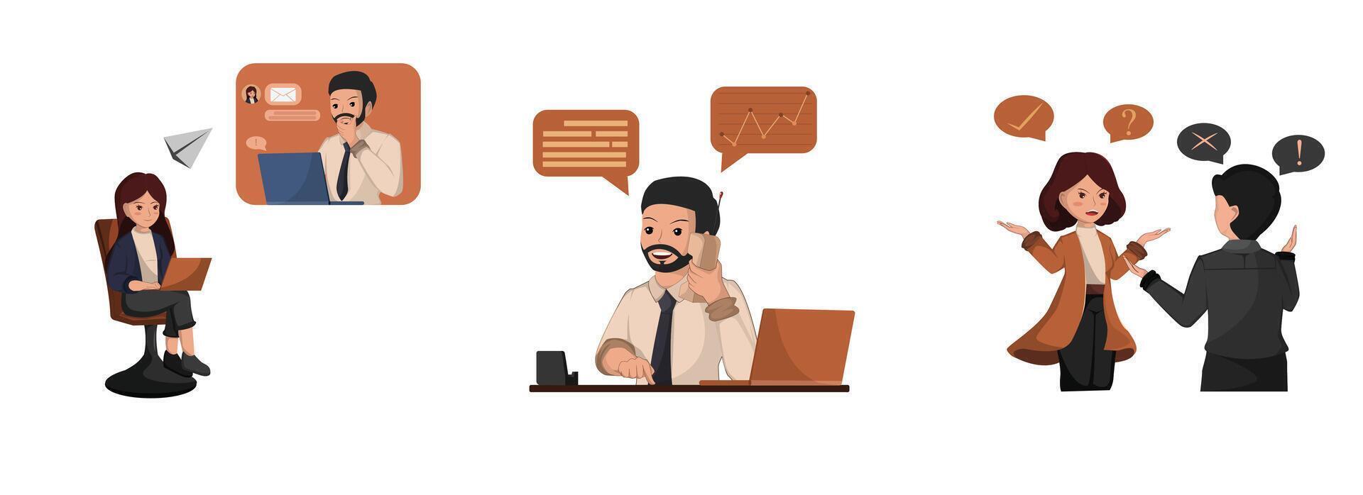 Collection of Business illustration. Business Communication Illustration Set Featuring Email, Phone Calls, and Workplace Conflict. vector