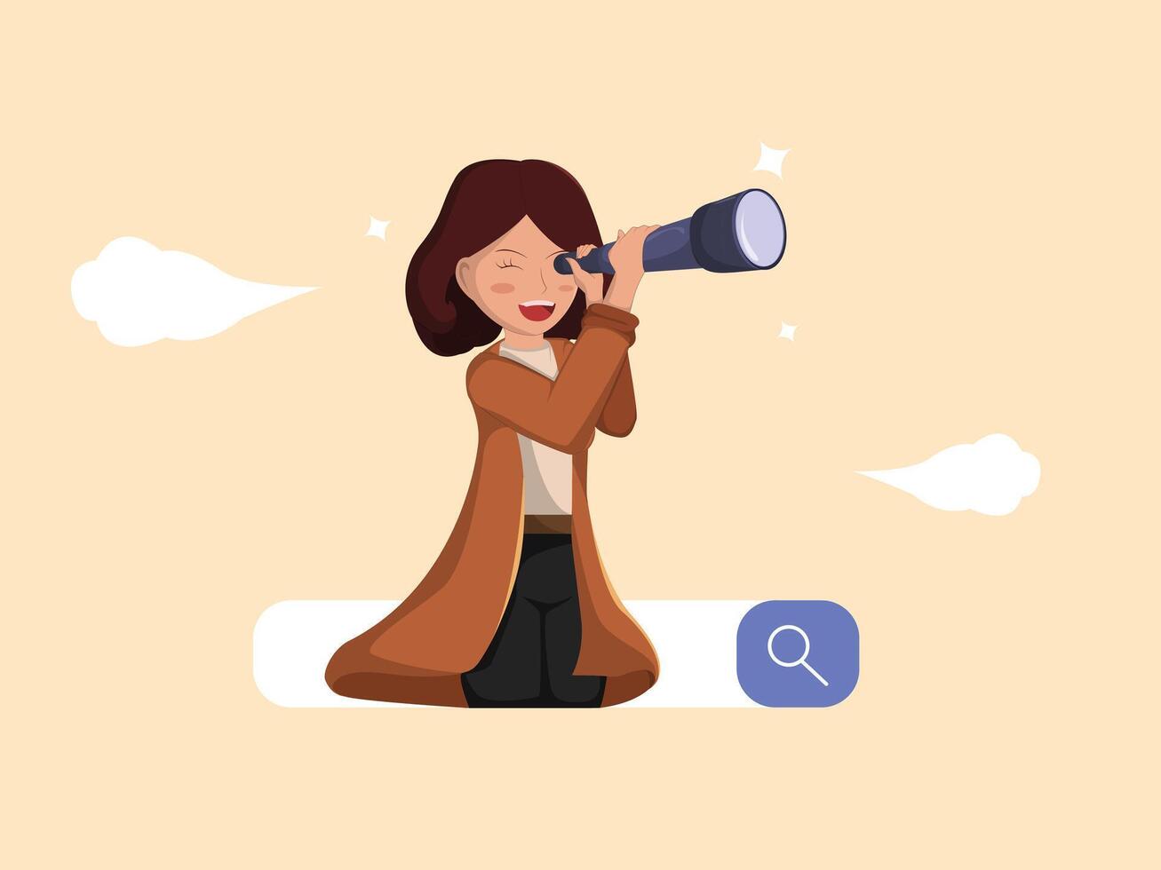 Woman Searching for Information Through a Telescope in a Search Bar vector