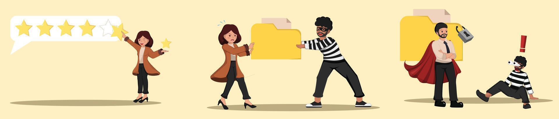 Set Collection Concept Quality Feedback ,Data Theft and Cybersecurity Risk and Cybersecurity Hero Protecting Data. vector