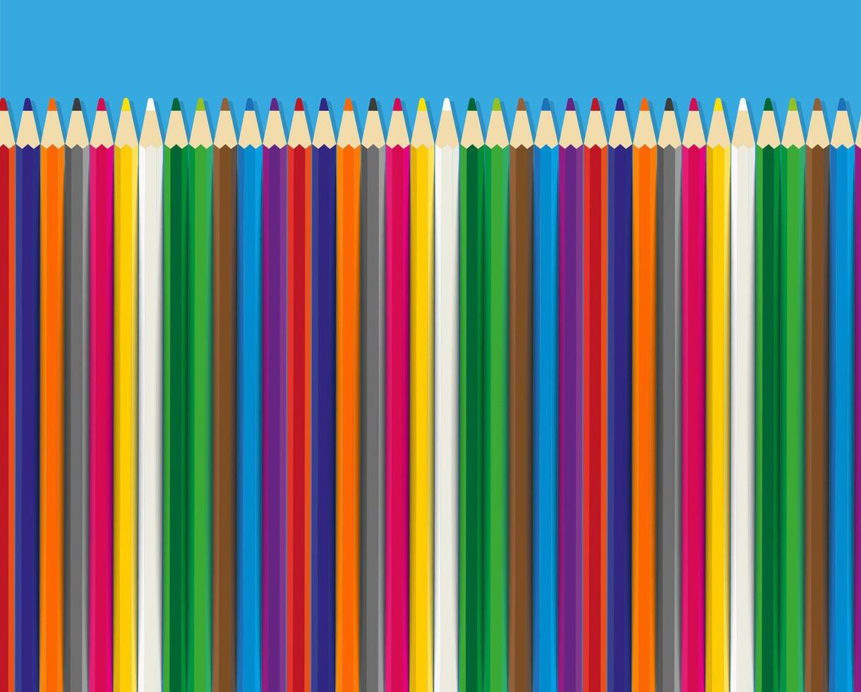 A neatly arranged row of colored pencils stands vertically against a blue background vector