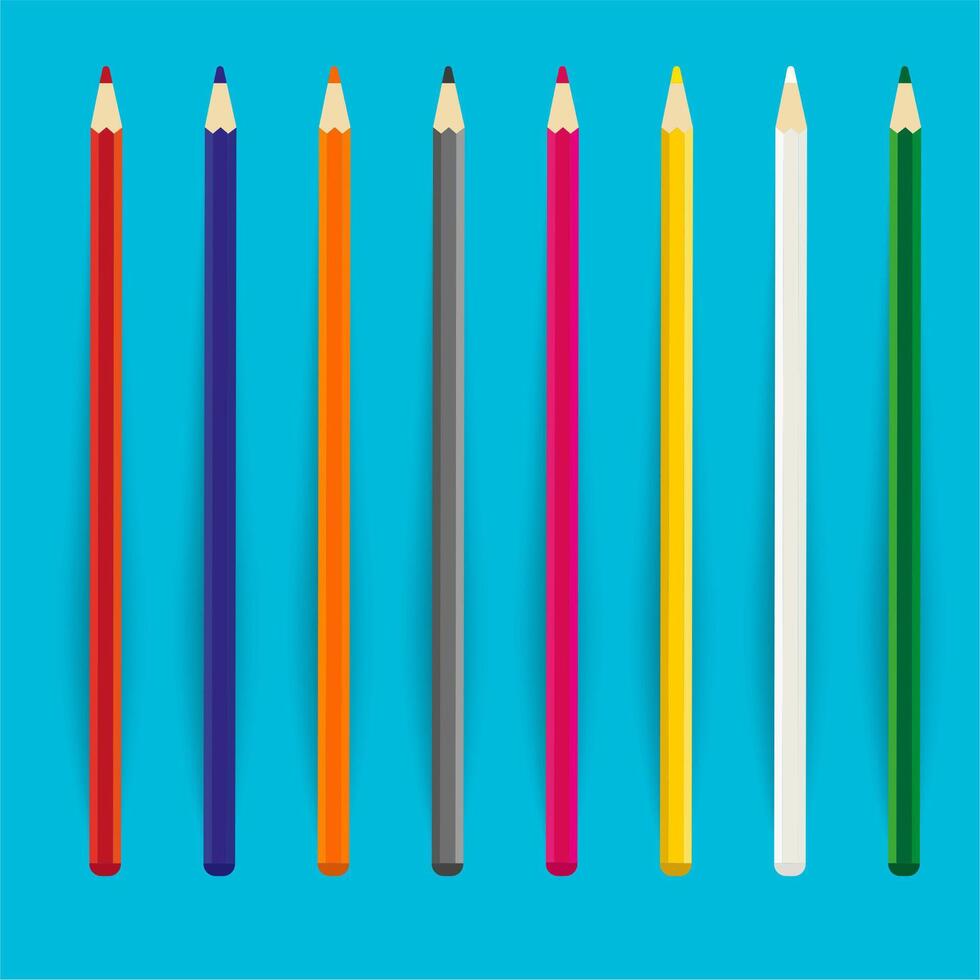 A set of eight colored pencils are aligned vertically against a light blue background vector