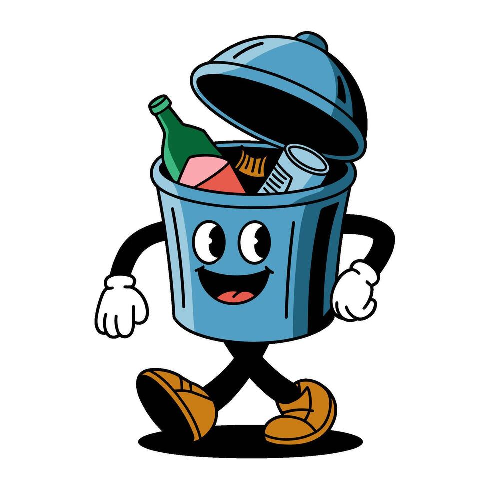 Cartoon trash can character walking with happy face and garbage inside, illustration vector