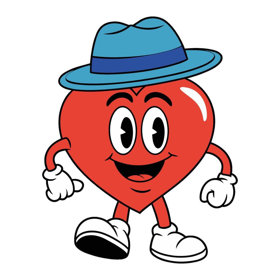 Cartoon happy heart character in blue hat with gloves and shoes on white background vector