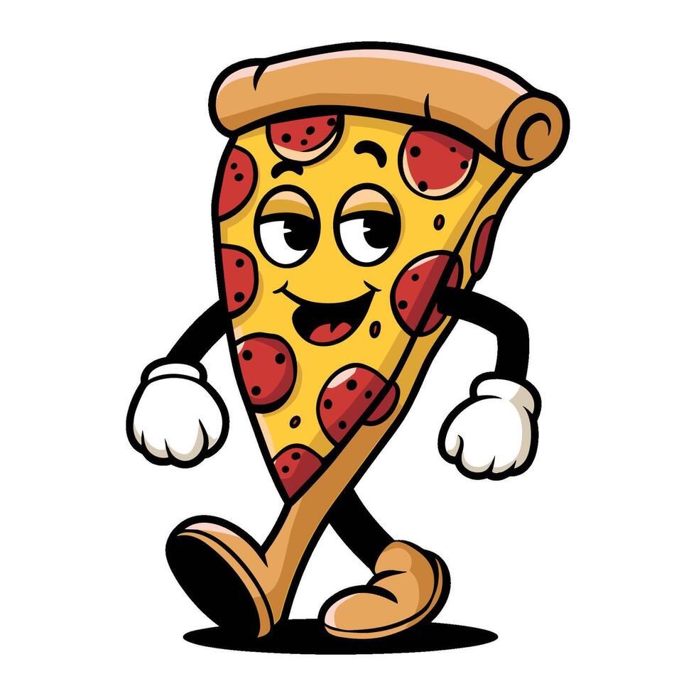 Cartoon style slice of pepperoni pizza character walking with a smile, wearing gloves and shoes vector