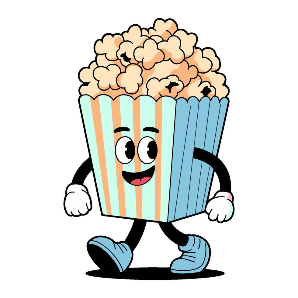 cartoon popcorn box character with arms and legs, striped container concept of cinema snack fun vector