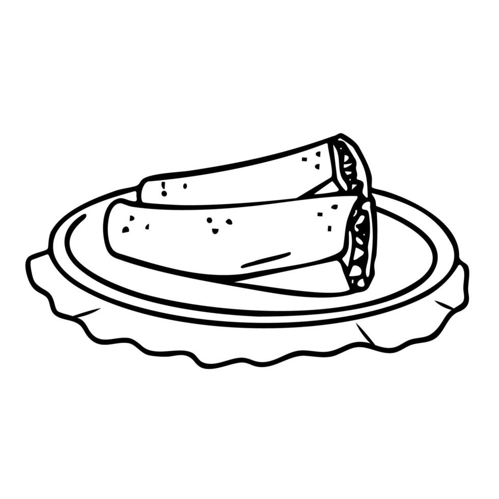 Rolls with meat and vegetables or vegan rolls in lavash, asian food doodle and dish drawing, freehand illustration and sticker, outline graphics. vector