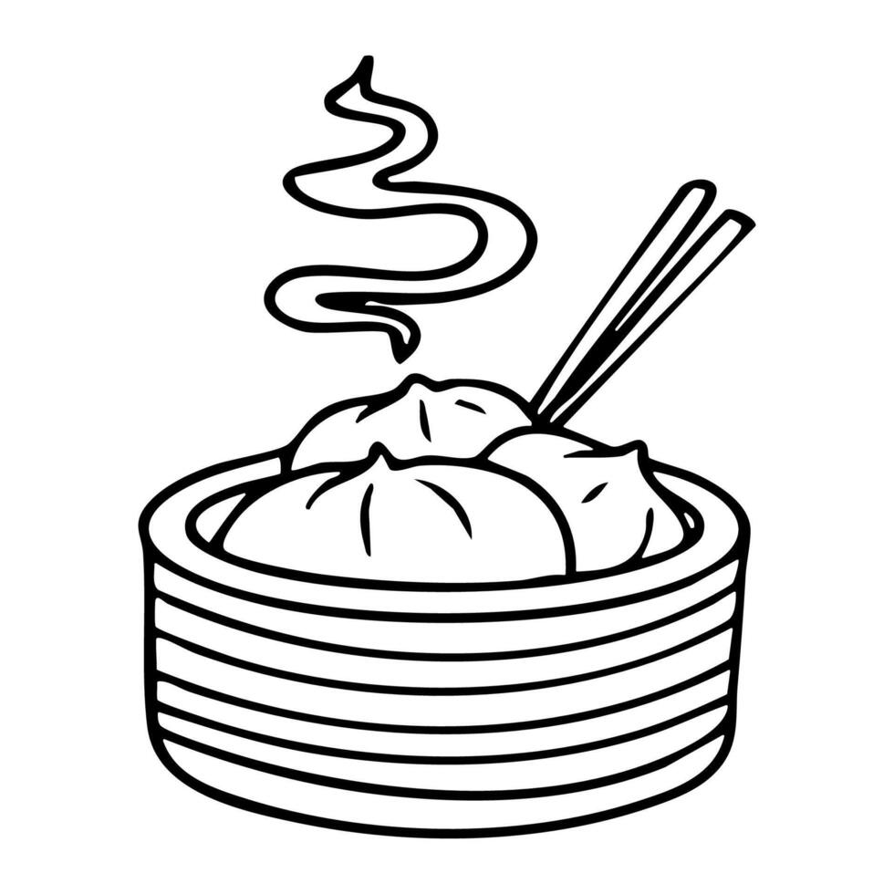 The bowl with hot dumplings with sticks, asian food doodle and dish drawing, freehand illustration and sticker, outline graphics. vector
