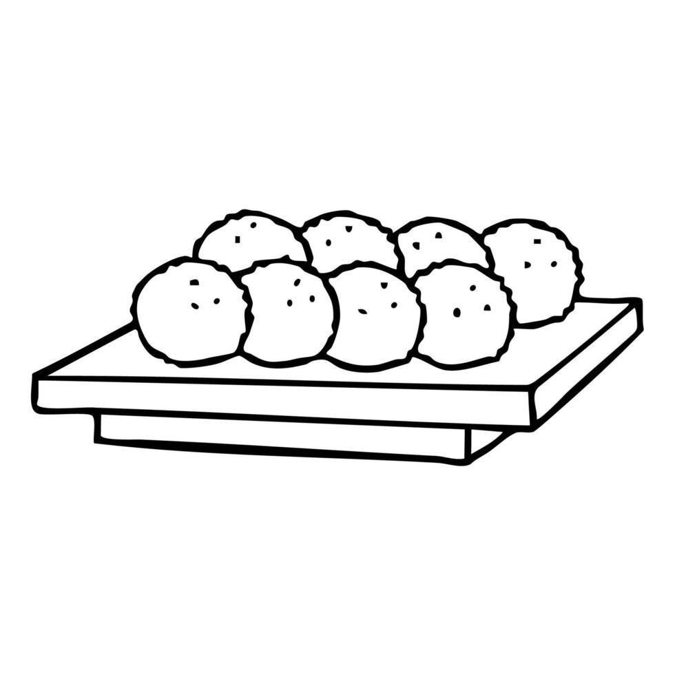 Fried meatballs on the wooden tray doodle, food drawing, illustration and menu design element. vector