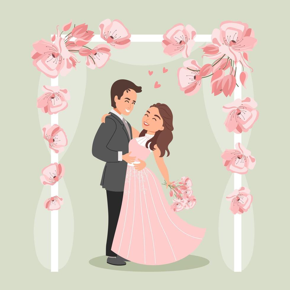 Bride and groom on the background of open doors with flowers, happy newlyweds. Family and Wedding illustration vector