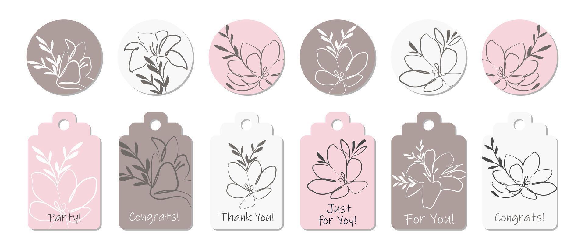 Rustic sticker set or greeting card template with outline flowers. Anniversary, birthday, wedding, party, social media banner set. vector