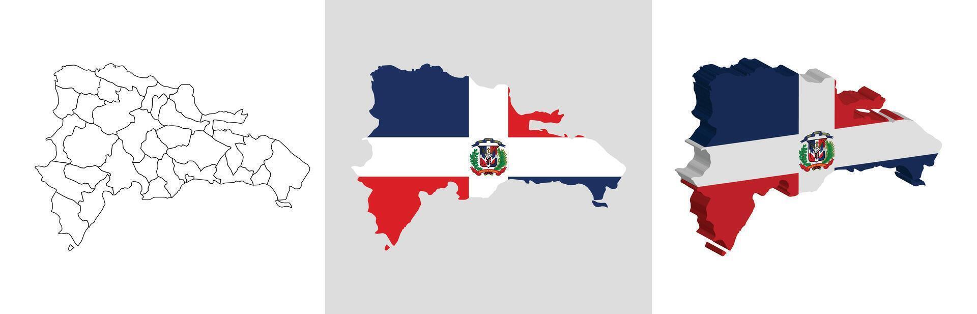 Dominican Republic outline, fill with flag and 3d map vector