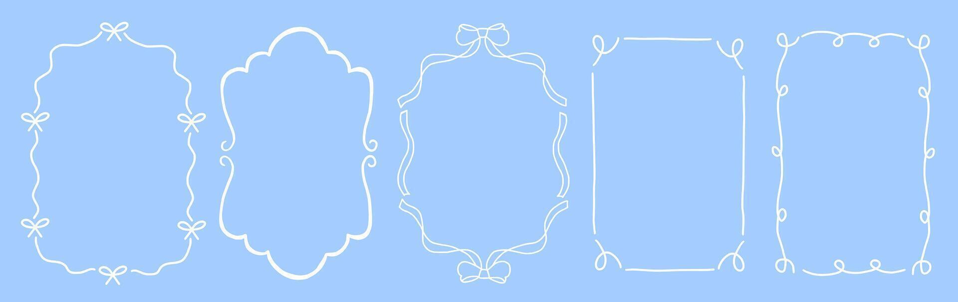 Set of drawing wavy elegant outline frame. Abstract curve whimsical border with bow tie. Vertical border frame card in vintage style vector