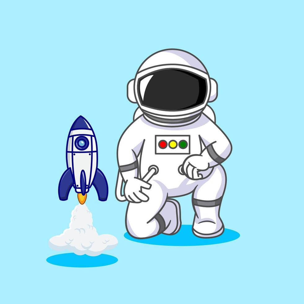 Cute Astronaut Playing Rocket Toy Illustration, Rocket Launch to the Space Illustration Cartoon Design vector