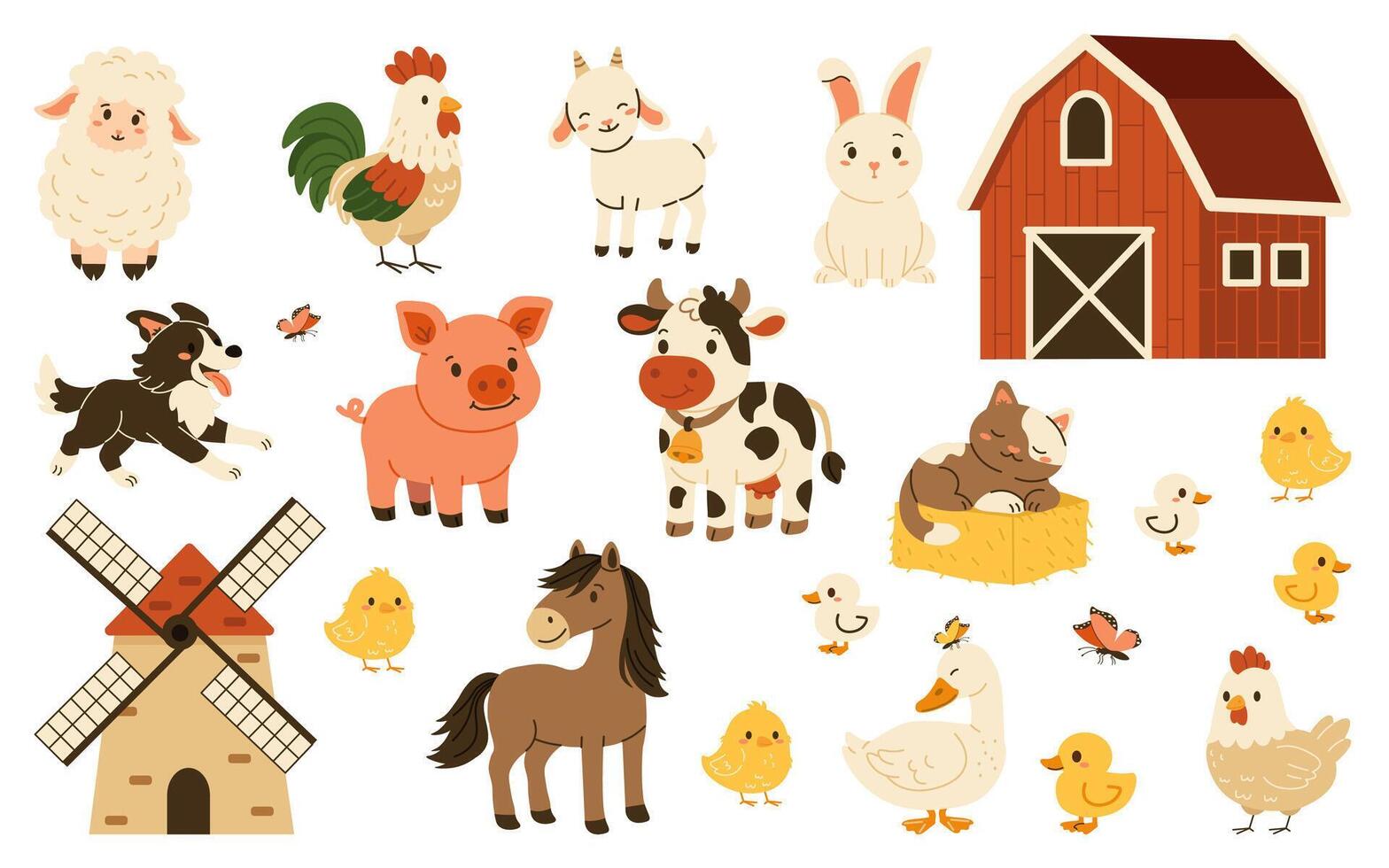 Flat style illustration of cute farm animals, barn, windmill, and chicks in a playful setting vector