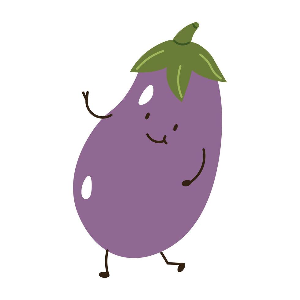Flat style illustration of an eggplant with happy face, ideal for healthy eating, cooking projects, and vegetable-inspired designs. vector
