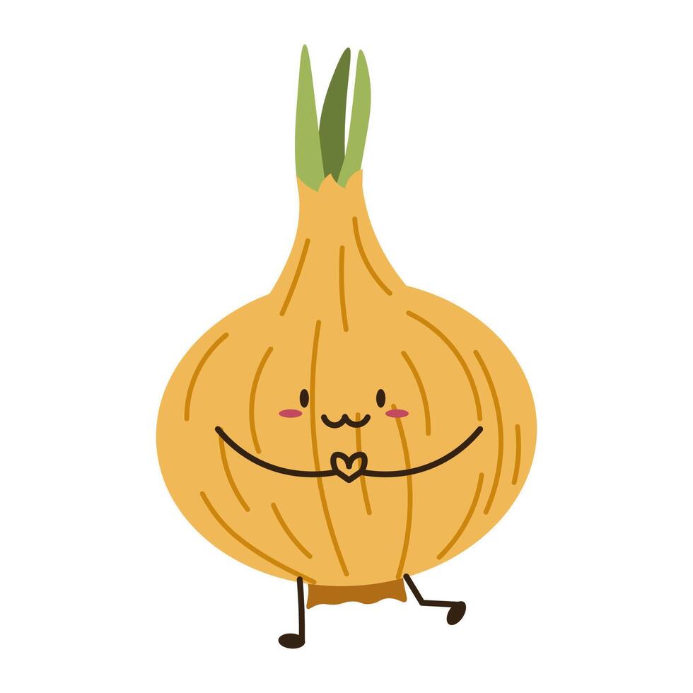 Flat style illustration of an onion with happy face, ideal for healthy eating, cooking projects, and vegetable-inspired designs. vector