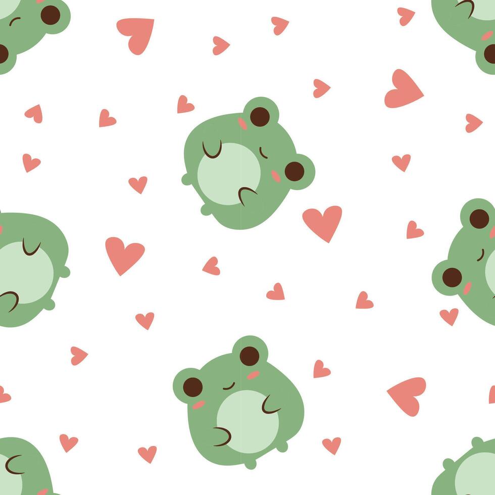 Flat style illustration of cute green frogs with hearts in a seamless pattern, perfect for kids products, textiles, stickers, and love themed designs vector