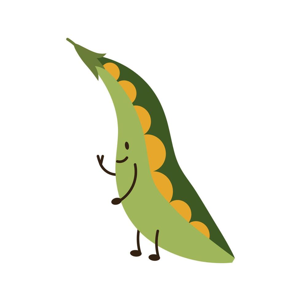 Flat style illustration of pea wth happy face, ideal for healthy eating, cooking projects, and vegetable-inspired designs. vector