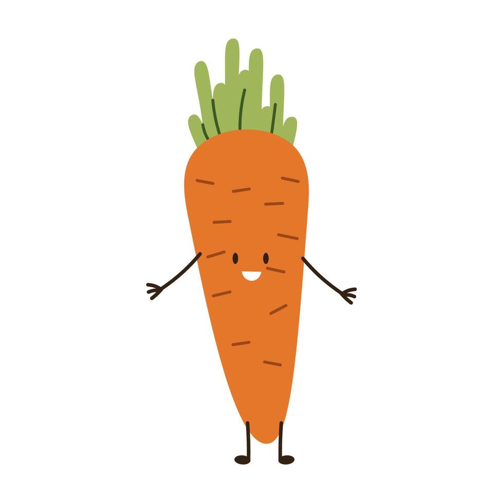 Flat style illustration of a carrot with happy face, ideal for healthy eating, cooking projects, and vegetable-inspired designs. vector