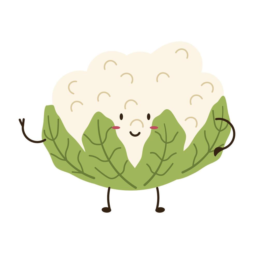 Flat style illustration of cauliflower with happy face, ideal for healthy eating, cooking projects, and vegetable-inspired designs. vector