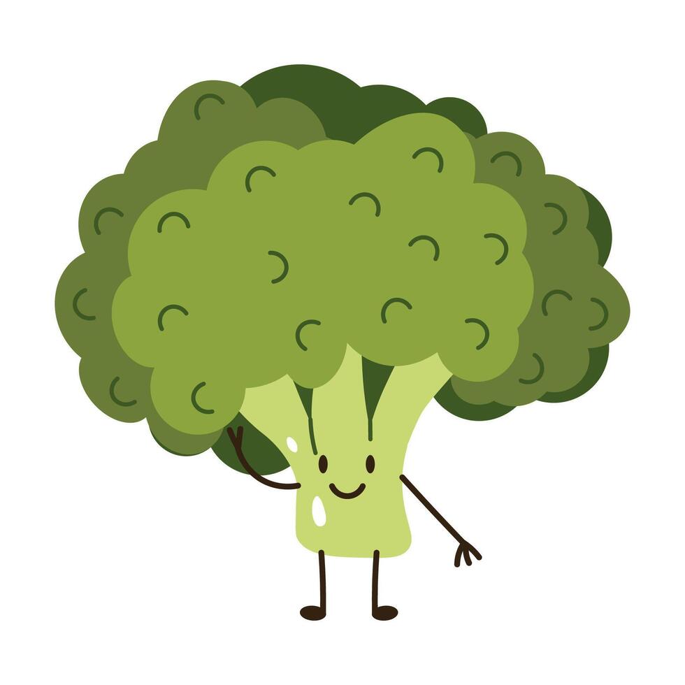 Flat style illustration of broccoli with happy face, ideal for healthy eating, cooking projects, and vegetable-inspired designs. vector