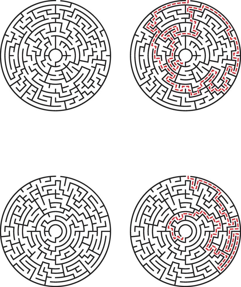 Four circular mazes two unsolved, two with red dashed solution paths ...