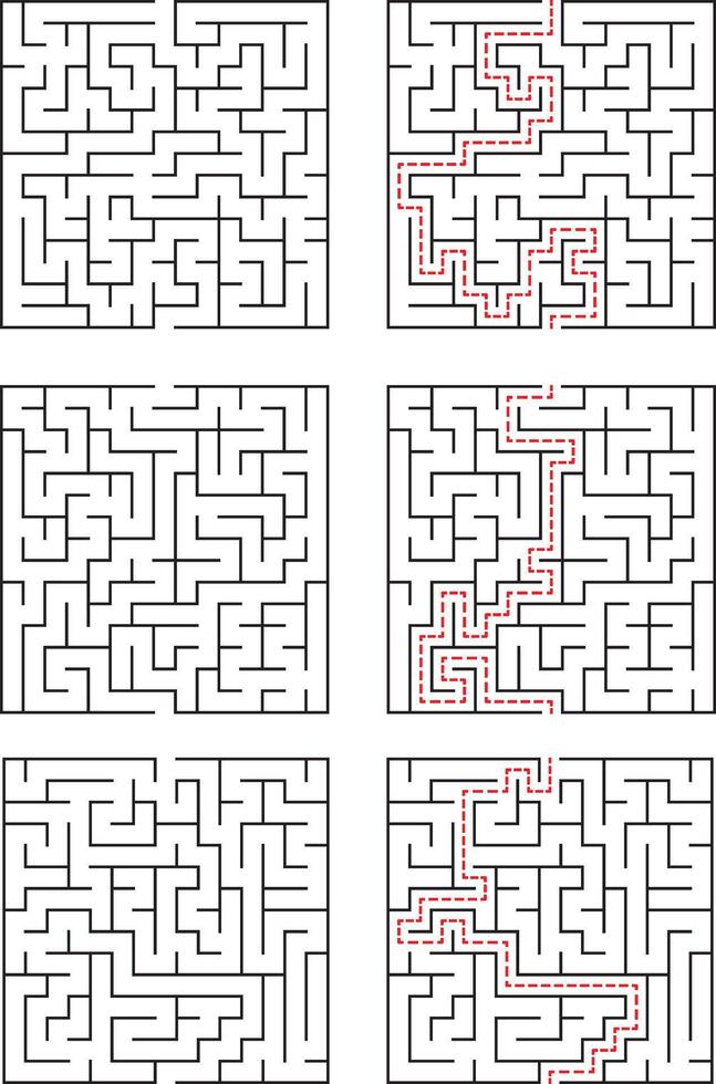 Complex Square Mazes Solutions and Paths Illustrated vector