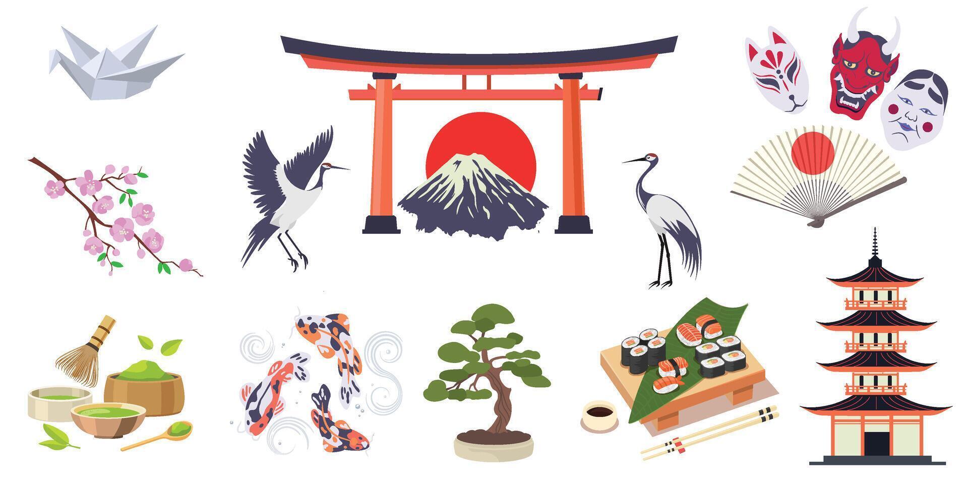 Traditional Japanese culture elements including food, architecture and nature vector