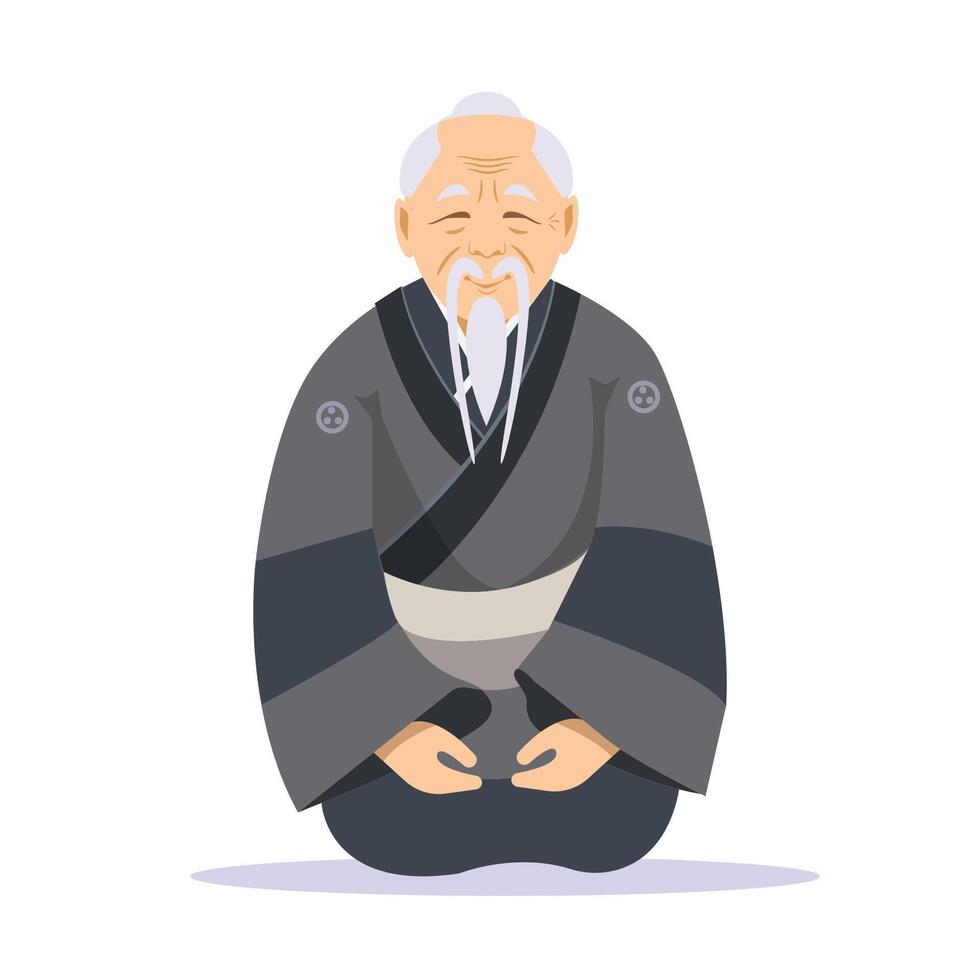 Elderly Japanese man in traditional clothes sitting in respectful pose vector